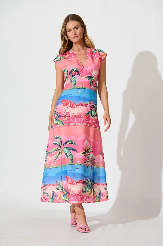 Rockland Maxi Dress Pink And Blue Tropical Print Linen Blend Stylish V-Neck Maxi Dress
