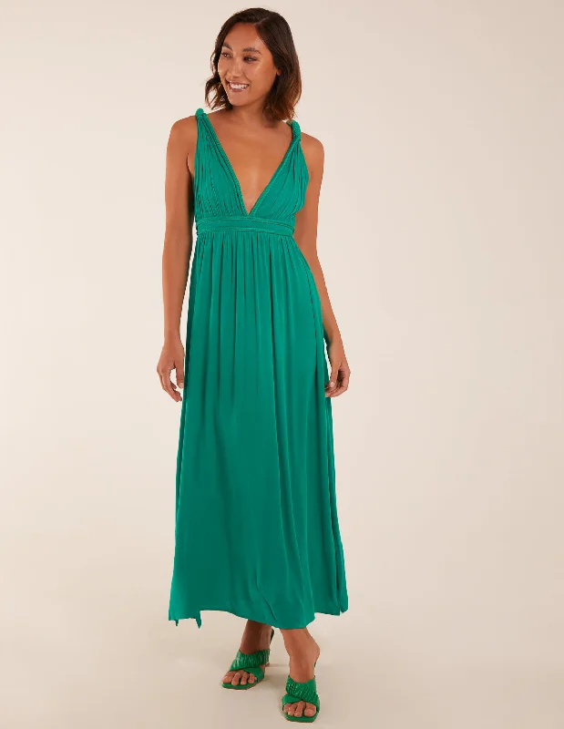 Rope Detail Plunge V-Neck Split Hem Maxi Dress Comfortable Long-Sleeve Maxi Dress