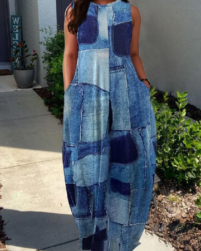 Round Neck Denim Patch Pocket Maxi Dress Comfortable Plunging Neckline Maxi Dress