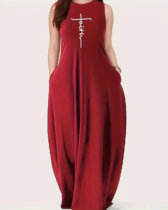 Round Neck Faith Letters Solid Color Maxi Dress Comfortable Bohemian Maxi Dress
