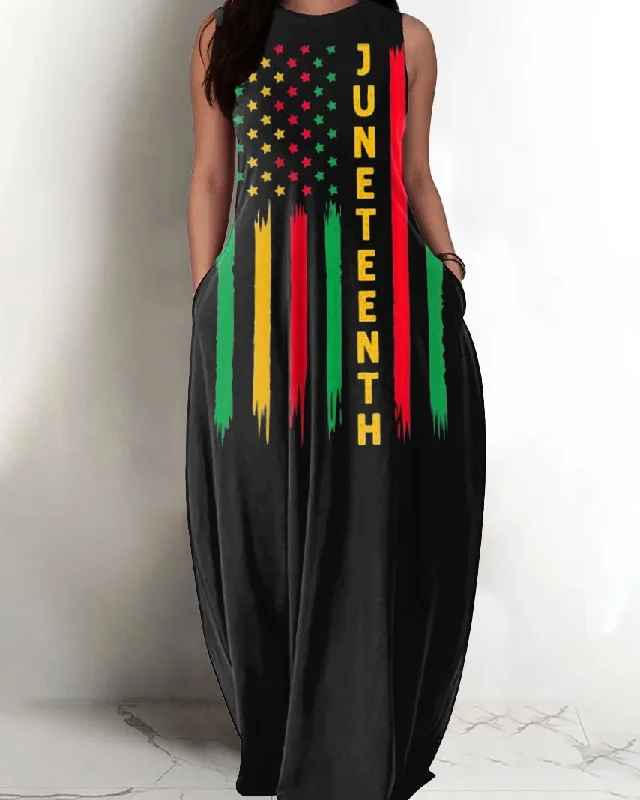Round Neck Juneteenth Flag Print Pocket Maxi Dress Trendy Maxi Dress with Belt