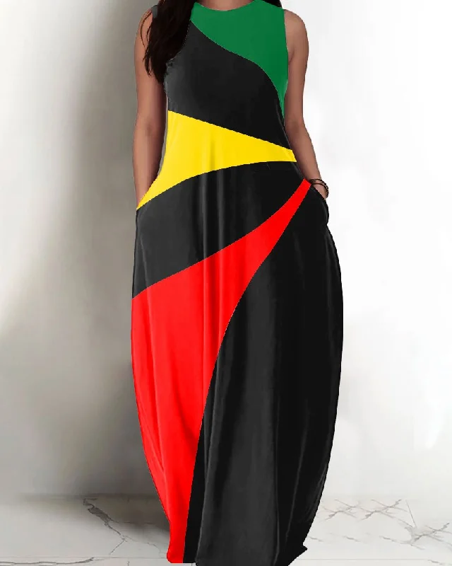 Round Neck Reggae Irregular Stripes Pocket Maxi Dress Elegant Pleated Maxi Dress