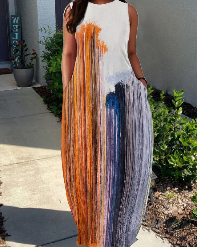 Round Neck Vertical Striped Oil Painting Print Pocket Maxi Dress Chic Summer Floral Maxi Dress Round Neck Vertical Striped Oil Painting Print Pocket Maxi Dress Chic Summer Floral Maxi Dress