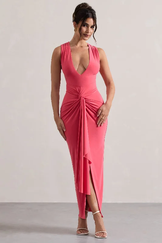 Santana | Coral Plunge-Neck Split Maxi Dress With Knot Detail Classic Tulle Maxi Dress Santana | Coral Plunge-Neck Split Maxi Dress With Knot Detail Classic Tulle Maxi Dress