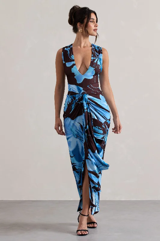Santana | Floral Print Plunge-Neck Split Maxi Dress With Knot Detail Cozy Maxi Dress with Slit Santana | Floral Print Plunge-Neck Split Maxi Dress With Knot Detail Cozy Maxi Dress with Slit