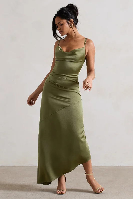 Santi | Olive Green Satin Cowl-Neck Asymmetric Maxi Dress Fashionable Sheer Maxi Dress Santi | Olive Green Satin Cowl-Neck Asymmetric Maxi Dress Fashionable Sheer Maxi Dress
