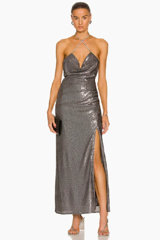 Sequined Folds Split Maxi Dress Stylish Long Sleeve Maxi Dress