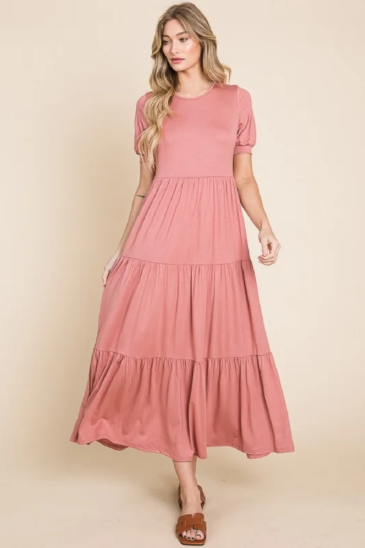 Short Sleeve Tiered Maxi Dress Trendy Button Front Maxi Dress