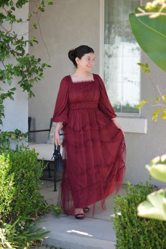 Mollie Burgundy Tulle Maxi Dress Cozy Spaghetti Strap Maxi Dress