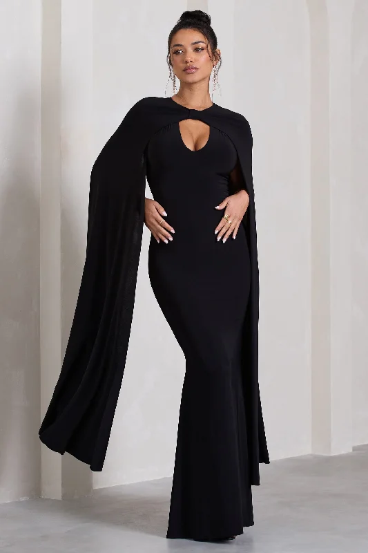 Standing Ovation | Black Plunge-Neck Cape Maxi Dress Fashionable High-Low Maxi Dress