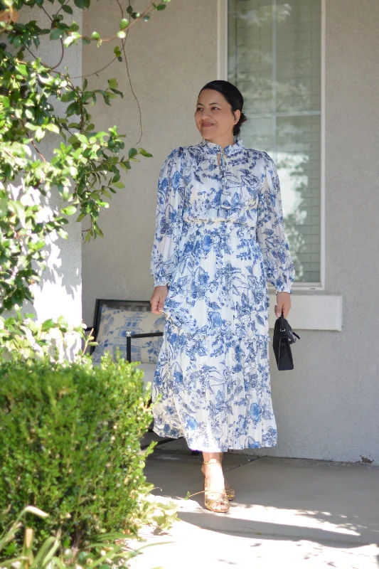 Taryn Blue Toile Maxi Dress Comfortable Fitted Maxi Dress
