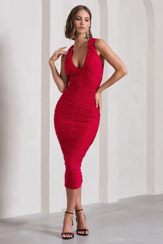Tempting Fate | Red Ruched Bodycon V-Neck Maxi Dress Trendy A-Line Maxi Dress
