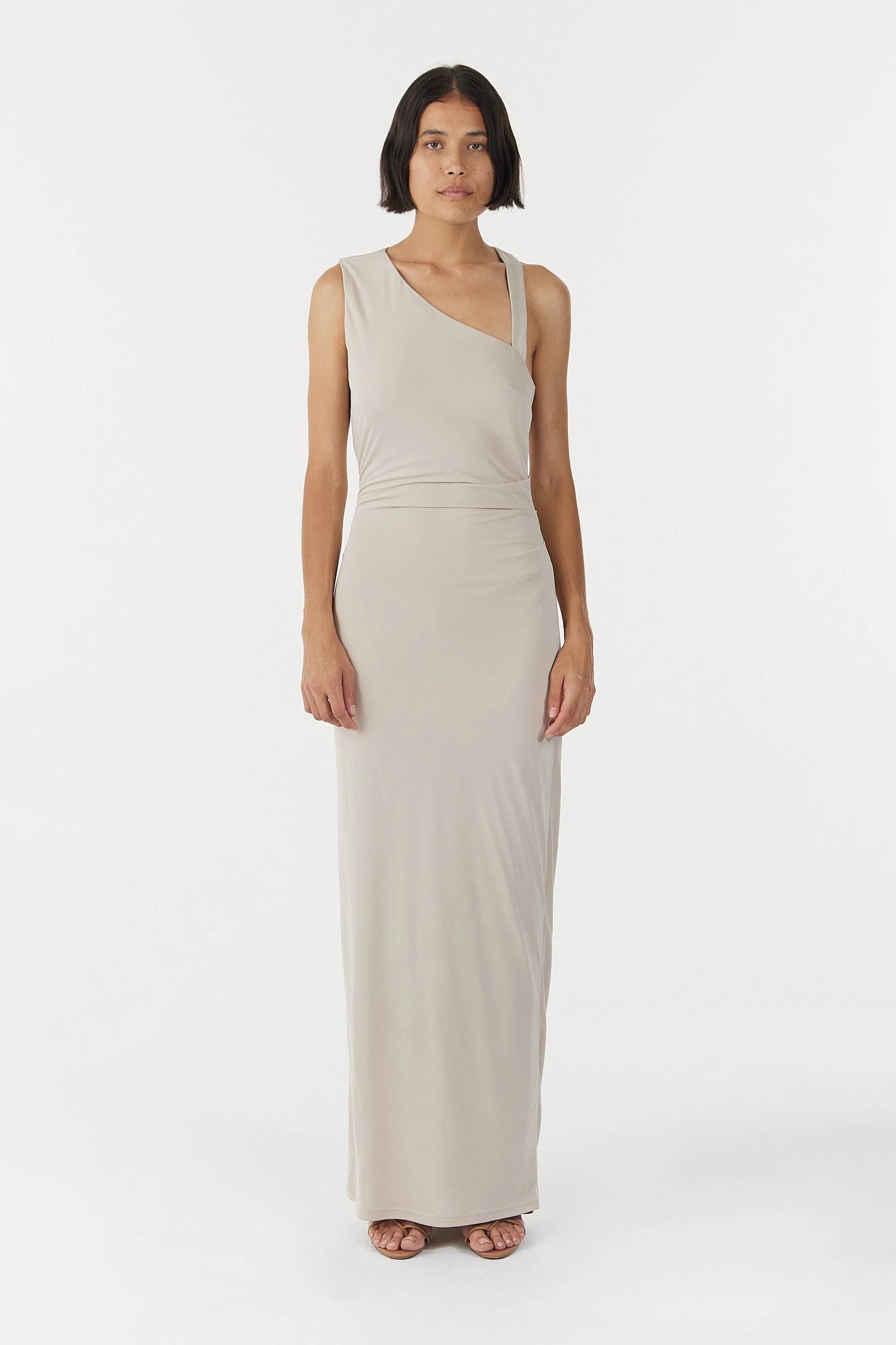 Third Form Stirling Twist Asymmetric Maxi Dress - Oyster Grey Elegant Maxi Dress with Slit Third Form Stirling Twist Asymmetric Maxi Dress - Oyster Grey Elegant Maxi Dress with Slit