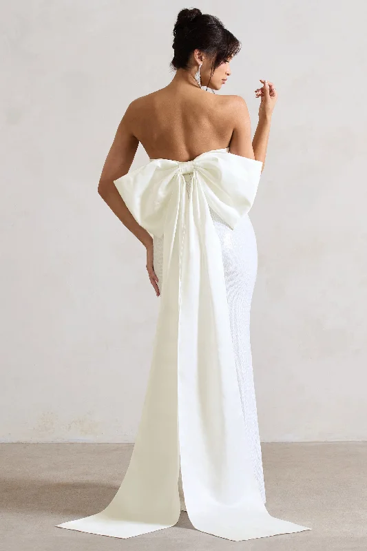 To You | White Sequin Bandeau Split Maxi Dress With Oversized Bow Stylish V-Neck Maxi Dress To You | White Sequin Bandeau Split Maxi Dress With Oversized Bow Stylish V-Neck Maxi Dress