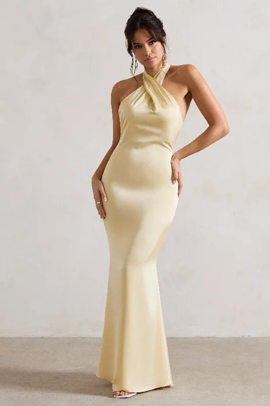 Unbeatable | Lemon Satin Cross Over Halter-Neck Maxi Dress Stylish V-Neck Maxi Dress Unbeatable | Lemon Satin Cross Over Halter-Neck Maxi Dress Stylish V-Neck Maxi Dress