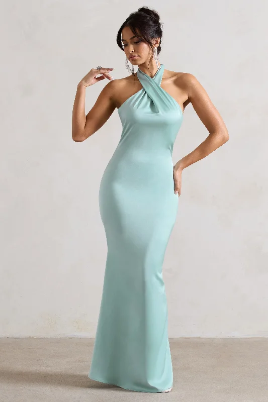 Unbeatable | Mint Green Satin Cross Over Halter-Neck Maxi Dress Trendy Maxi Dress with Lace