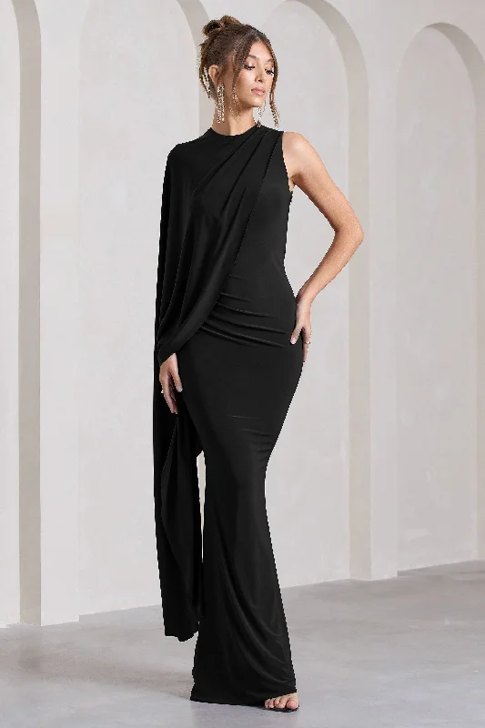 Unveil | Black One-Sleeve Cape Maxi Dress Comfortable Bohemian Maxi Dress