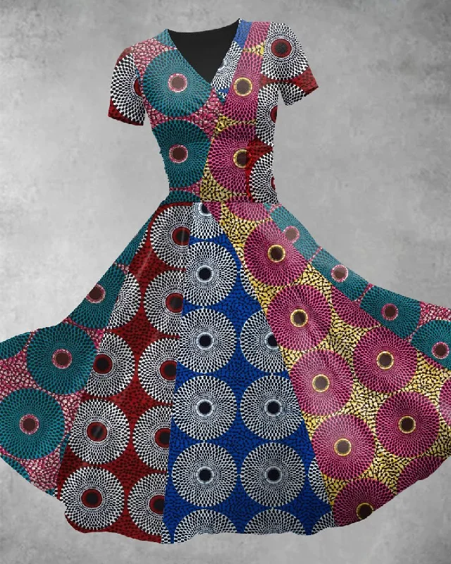 V Neck African Contrasting Color Circles Maxi Dress Chic Summer Maxi Dress