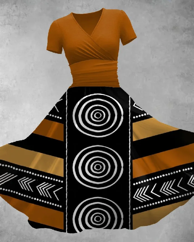 V Neck African Mud Cloth Artwork Maxi Dress Trendy Short Sleeve Maxi Dress
