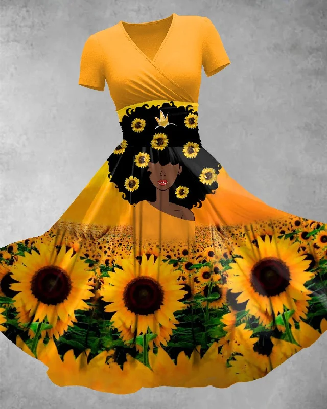 V Neck Afro Girl Sunflower Maxi Dress Fashionable High-Low Maxi Dress