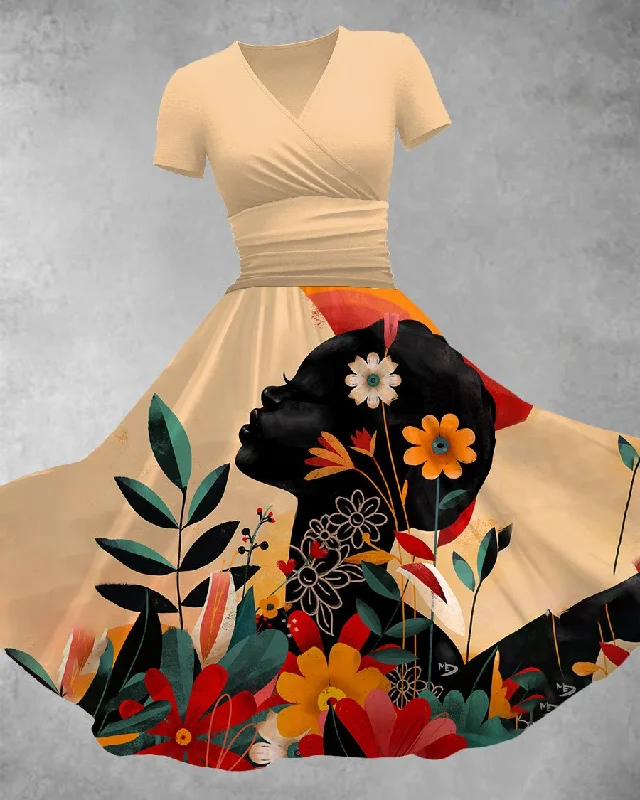 V Neck Black Women Plant Flowers Maxi Dress Trendy A-Line Maxi Dress