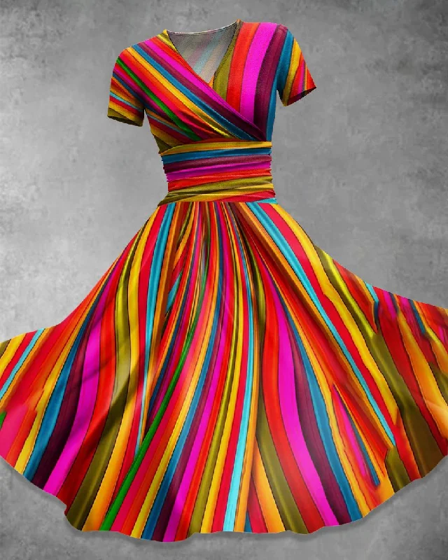 V Neck Colorful Striped Print Maxi Dress Cozy Ruffle Sleeve Maxi Dress
