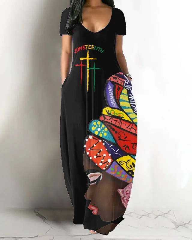 V-neck Juneteenth Black Hijab Woman Pocket Maxi Dress Fashionable Printed Maxi Dress V-neck Juneteenth Black Hijab Woman Pocket Maxi Dress Fashionable Printed Maxi Dress