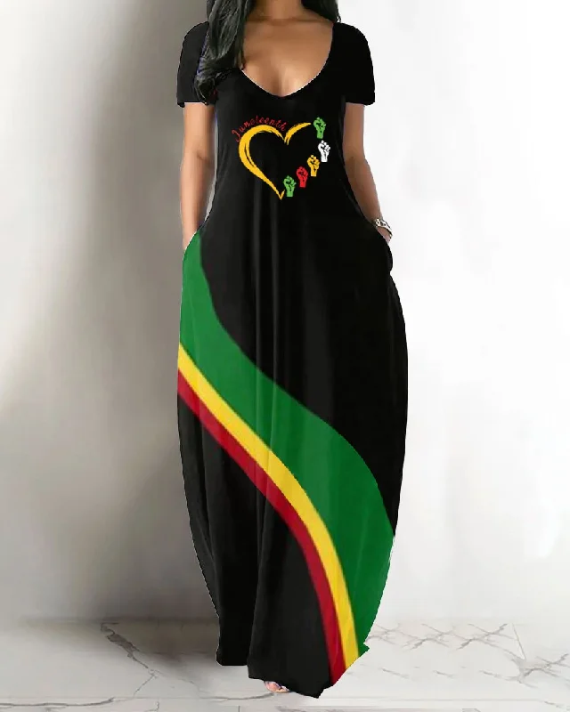 V-neck Juneteenth Love Stripes Pocket Maxi Dress Elegant Maxi Dress with Belt