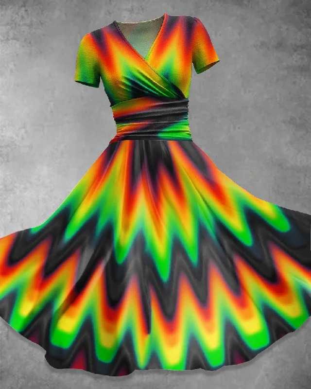 V Neck Rasta Geometric Curve Maxi Dress Stylish Empire Waist Maxi Dress