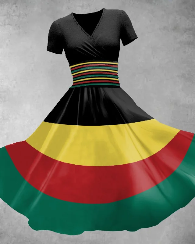 V Neck Red Black Yellow and Green Rasta Maxi Dress Fashionable Off-Shoulder Maxi Dress V Neck Red Black Yellow and Green Rasta Maxi Dress Fashionable Off-Shoulder Maxi Dress