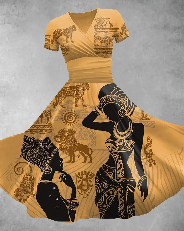 V Neck Traditional Afro Tribal Print Maxi Dress Comfortable Maxi Dress with Belt