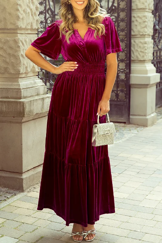 Velvet Shirred Waist Tiered Maxi Dress Classic V-Neck Maxi Dress