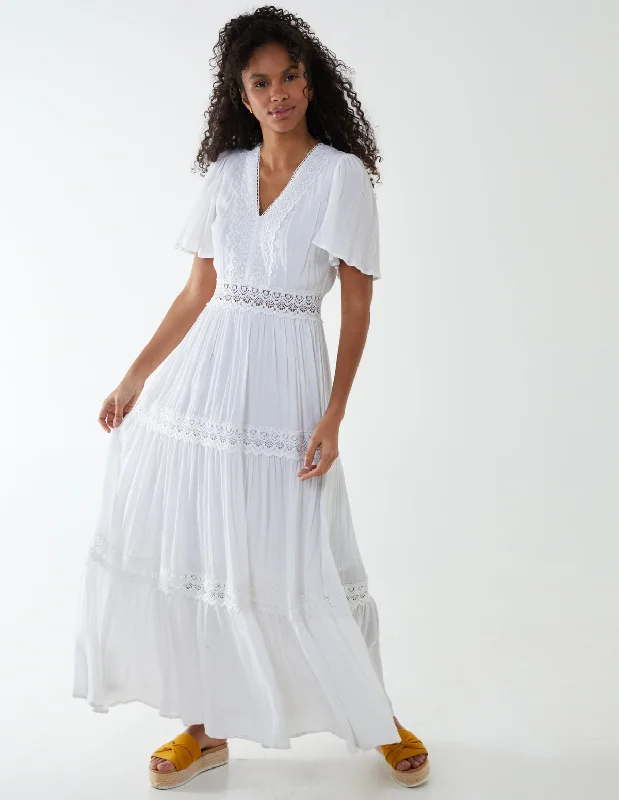 Angel Sleeve Tiered Maxi Dress Chic Boho Print Maxi Dress