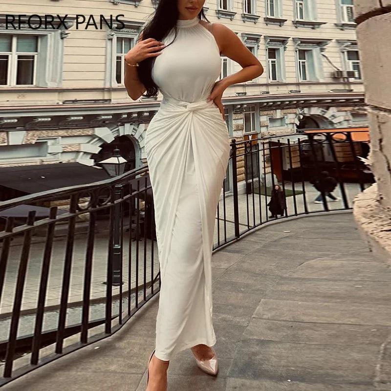 Elegant Halter Maxi Dress: Formal Party Gown with Allure & Criss-Cross Detail Trendy Printed Maxi Dress Elegant Halter Maxi Dress: Formal Party Gown with Allure & Criss-Cross Detail Trendy Printed Maxi Dress