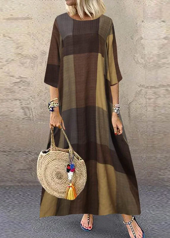 Women Khaki O-Neck Plaid Maxi Dresses Half Sleeve Trendy Short Sleeve Maxi Dress