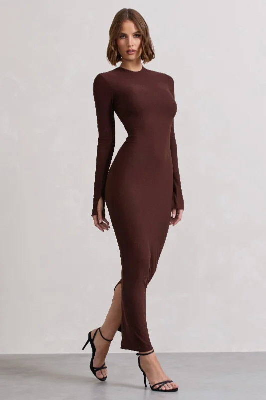 Wonder | Chocolate Brown Bodycon Long-Sleeve Maxi Dress Cozy Open-Back Maxi Dress