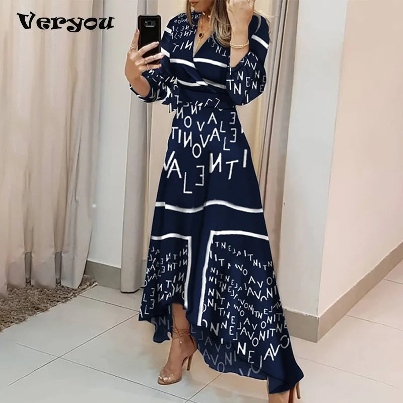 2022 Elegant Irregular Maxi Dress Women 2022 Spring Long Sleeve V Neck Office Lady Letters Print Tie Waist Long Dress Cozy Spaghetti Strap Maxi Dress