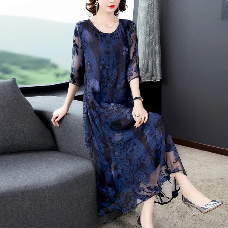 2022 Summer Blue Jacquard Mulberry Silk Maxi Dress Spring Casual Loose 3XL Plus Size Midi Dress Elegant Bodycon Party Vestidos Trendy A-Line Maxi Dress