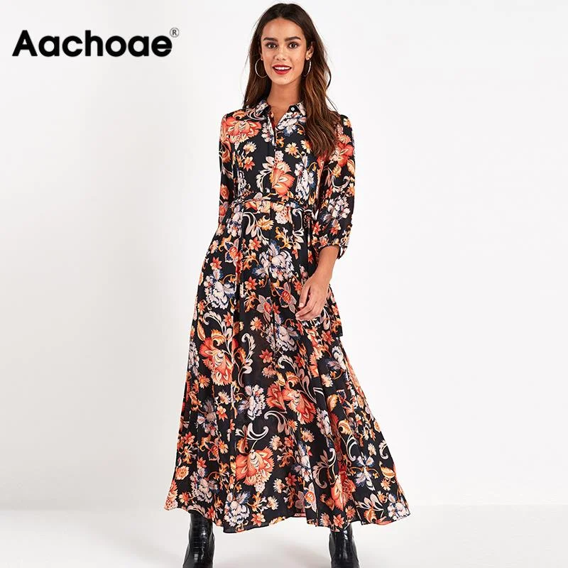 Aachoae Floral Print Long Maxi Dress Women Casual Turn Down Collar Shirt Dress Three Quarter Sleeve Bohemian Sashes Dresses Elegant Maxi Dress with Belt