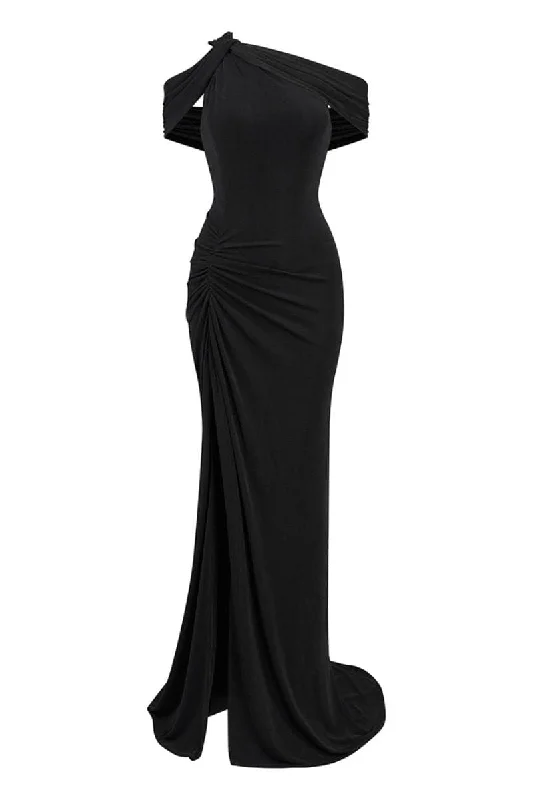 ADELE BLACK ASYMMETRIC MAXI DRESS Elegant Pleated Maxi Dress