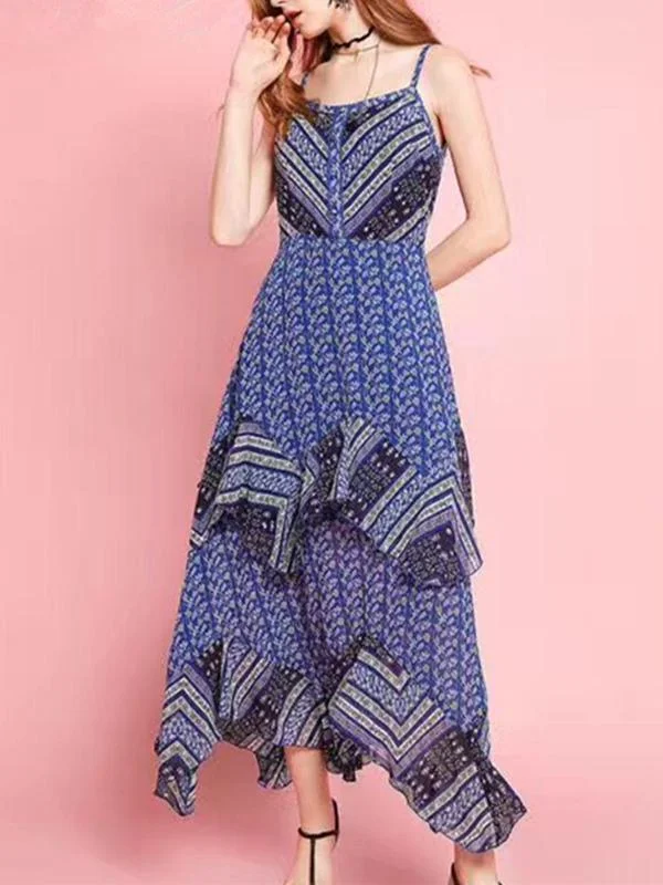 Asymmetric Chiffon Falaba Spaghetti-neck Maxi Dress Comfortable Ruffle Maxi Dress