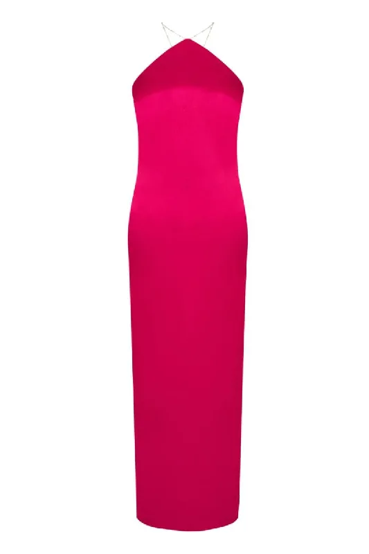 AUBREY FUCHSIA PINK SATIN HALTER MAXI DRESS Classic Solid Maxi Dress