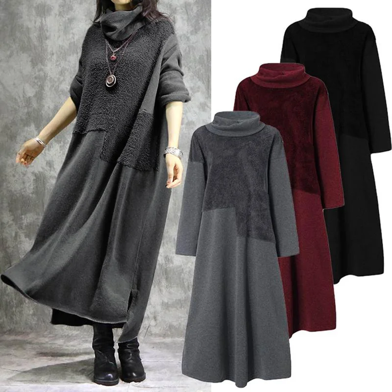 Autumn Winter Women Dress Turtleneck Long Sleeve Patchwork Plush Irregular Hem Maxi Dress Plus Size 4XL Warm Clothes Elegant Silk Maxi Dress