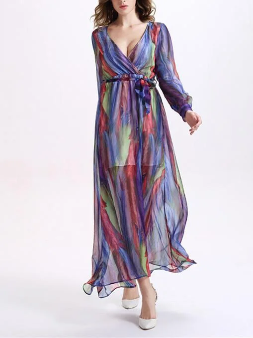 Beautiful Colorful Stripes Long Sleeve Deep V Neck Maxi Dress Comfortable Bohemian Maxi Dress