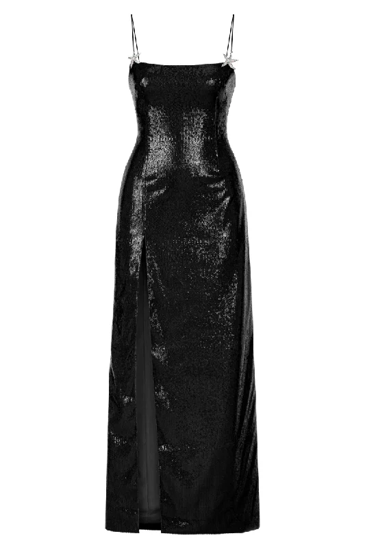 BLACK SEQUINED SLIT MAXI DRESS Trendy Button Front Maxi Dress