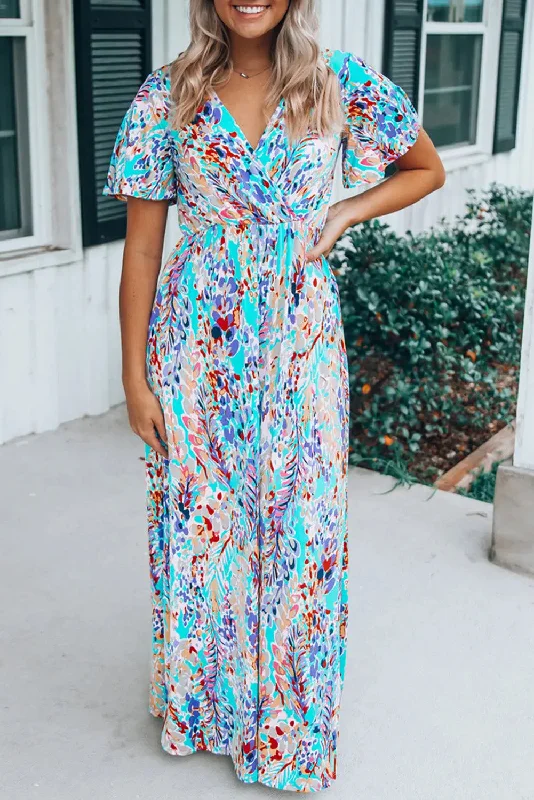 Blue Zone Planet |  Green Wrap V Neck Floral Maxi Dress Cozy Longline Maxi Dress