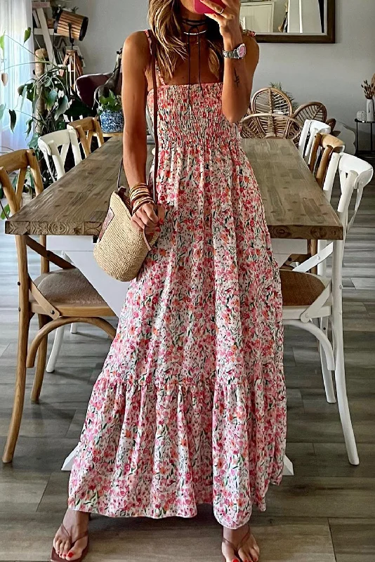 White Boho Floral Smocked Ruffled Maxi Dress Fashionable Layered Maxi Dress