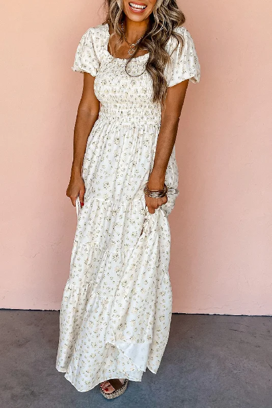 White Frilly Shirred Bodice Tiered Floral Maxi Dress Chic Off-Shoulder Maxi Dress