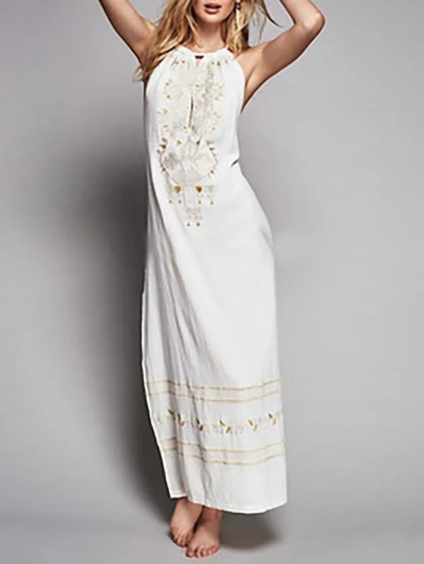 Bohemia Embroidered Backless Maxi Dress Fashionable Faux Wrap Maxi Dress