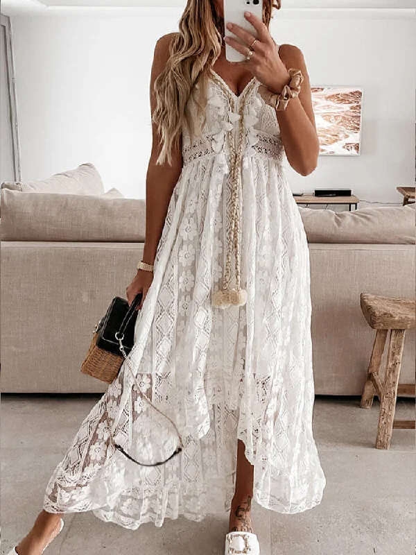 Boho Dress Women Summer Maxi Dress Lady Off Shoulder Holiday Lace V Neck Spaghetti Strap Sundress White Dress Trendy V-Neck Maxi Dress